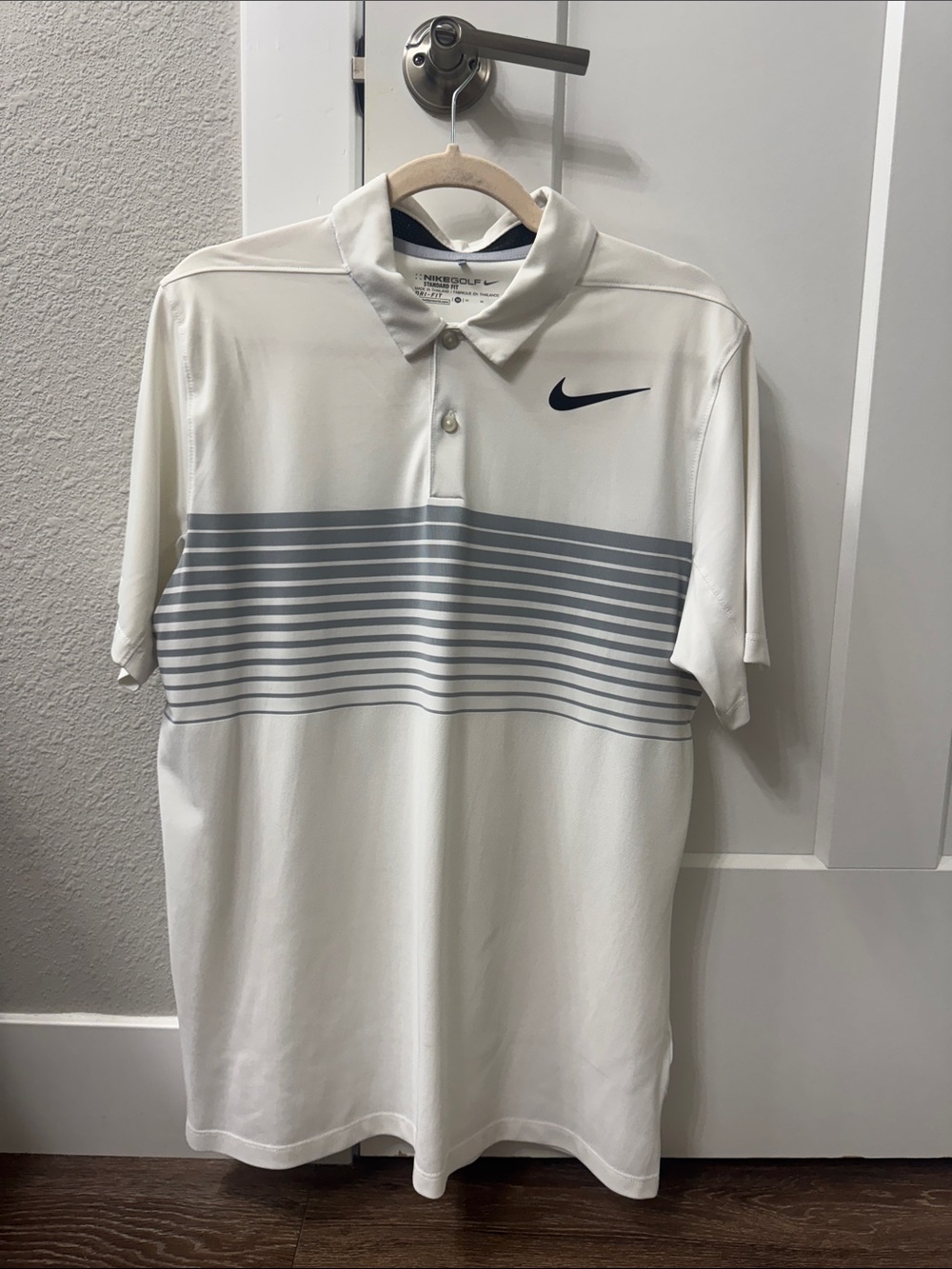 Nike Golf Dri Fit White Polo with Gray Horizontal Stripe and Navy Swoosh